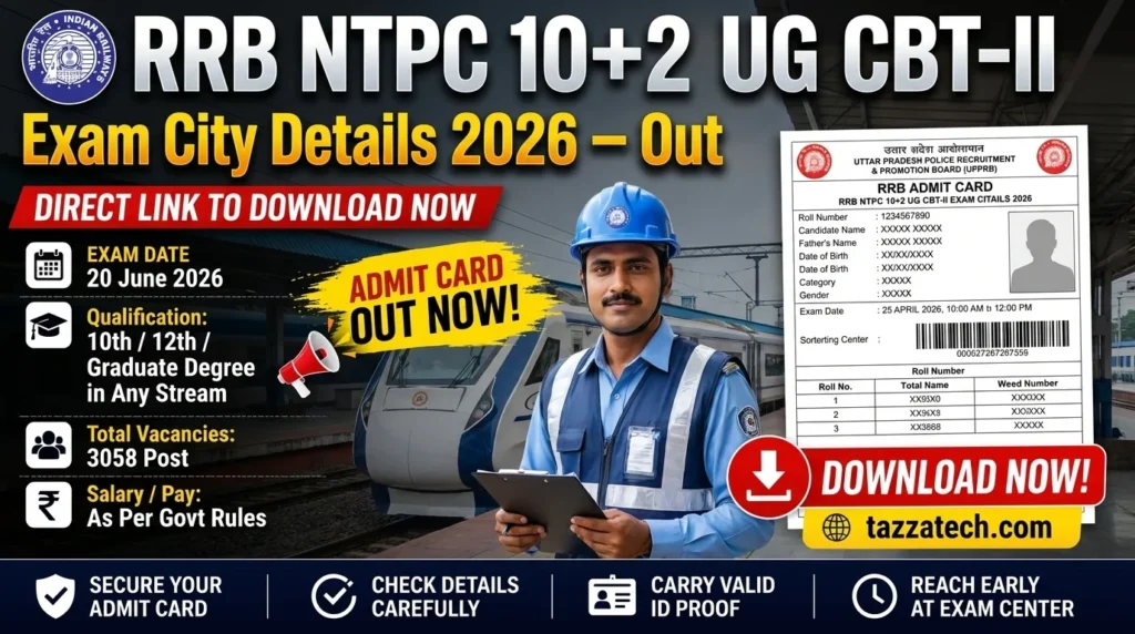 RRB NTPC 10+2 UG CBT-II Exam City Details 2026 – Out